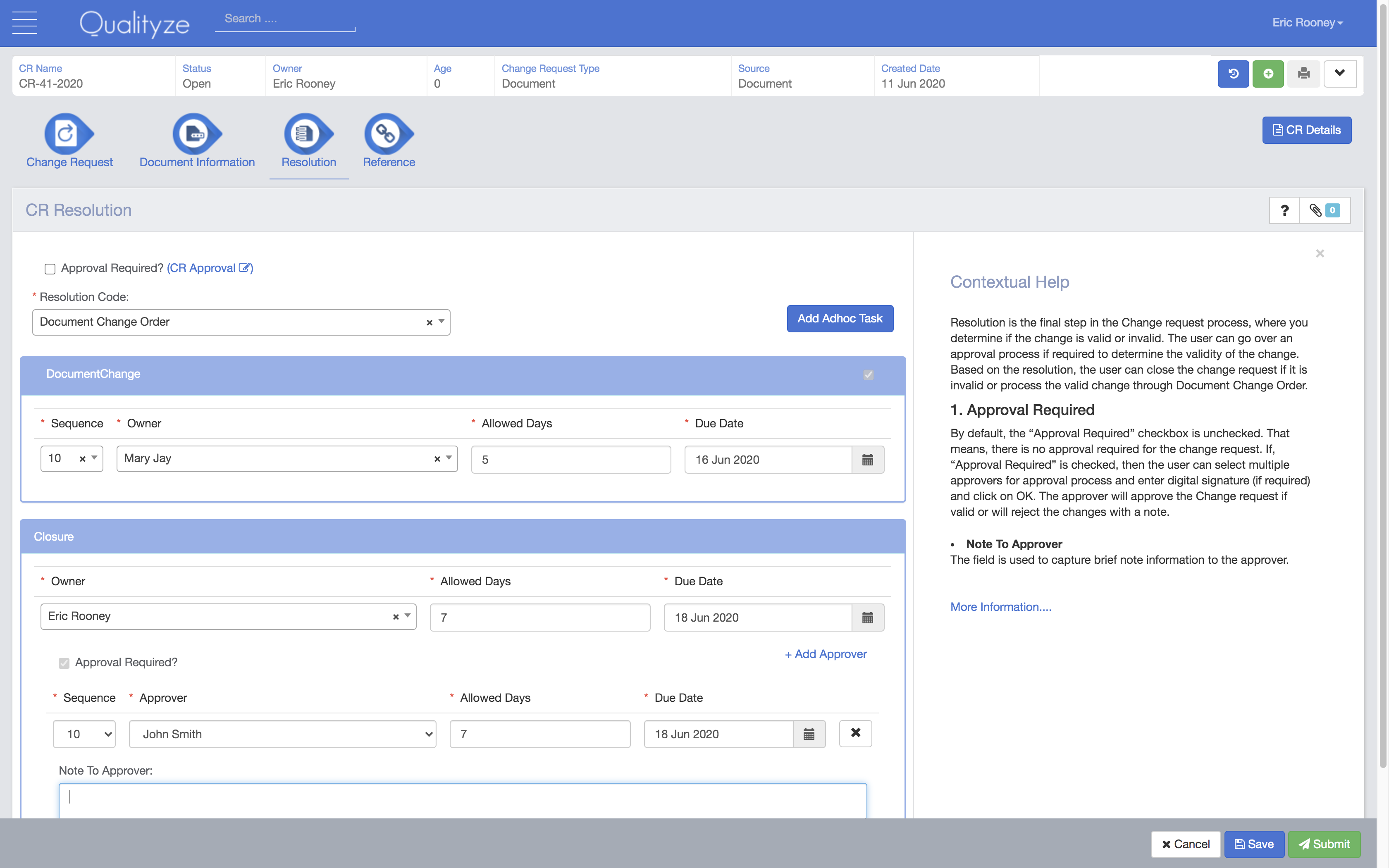 screenshot of Qualityze Change Management